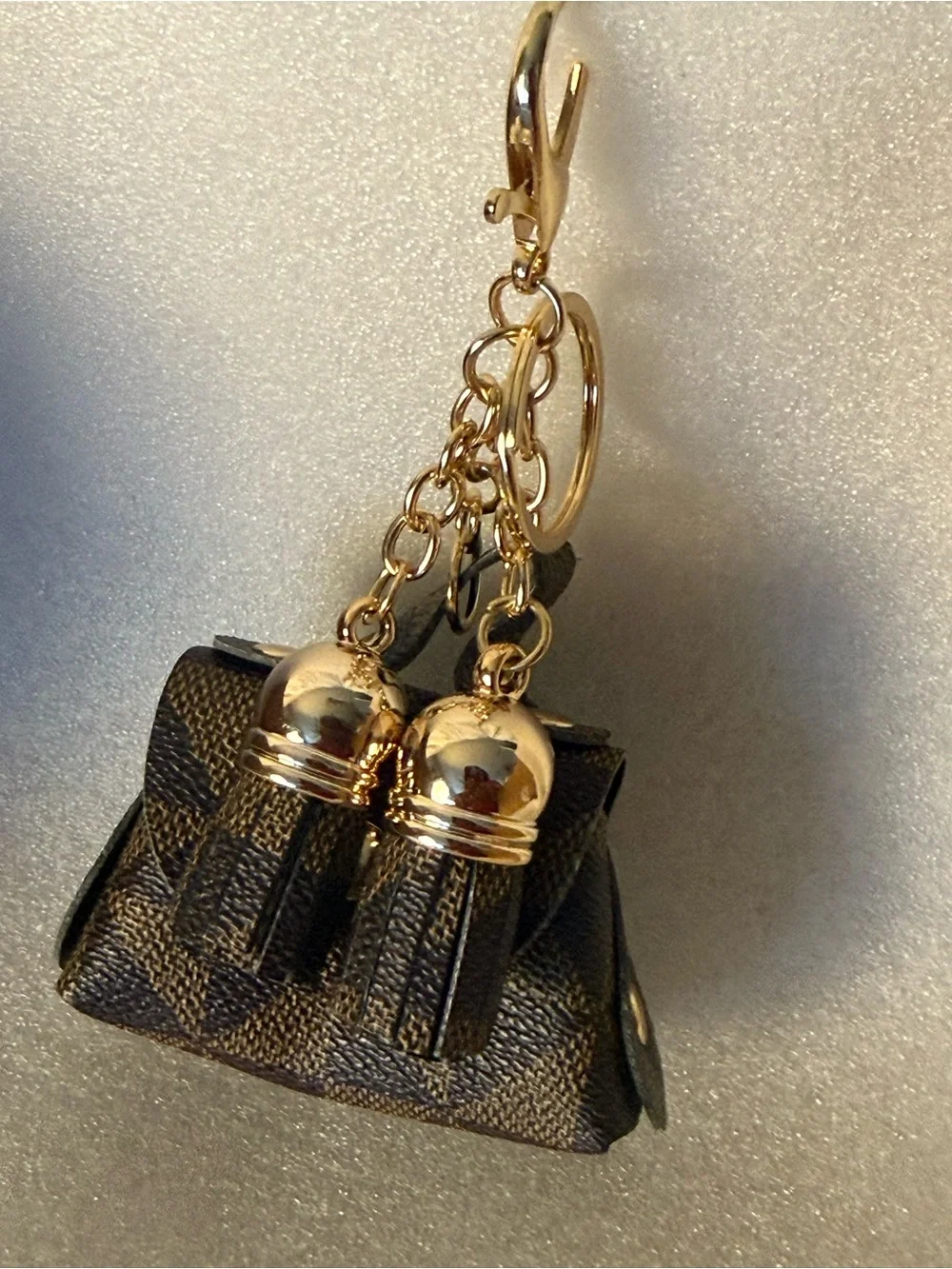 Mini Brown Checkered Purse Keychain with Gold Hardware
